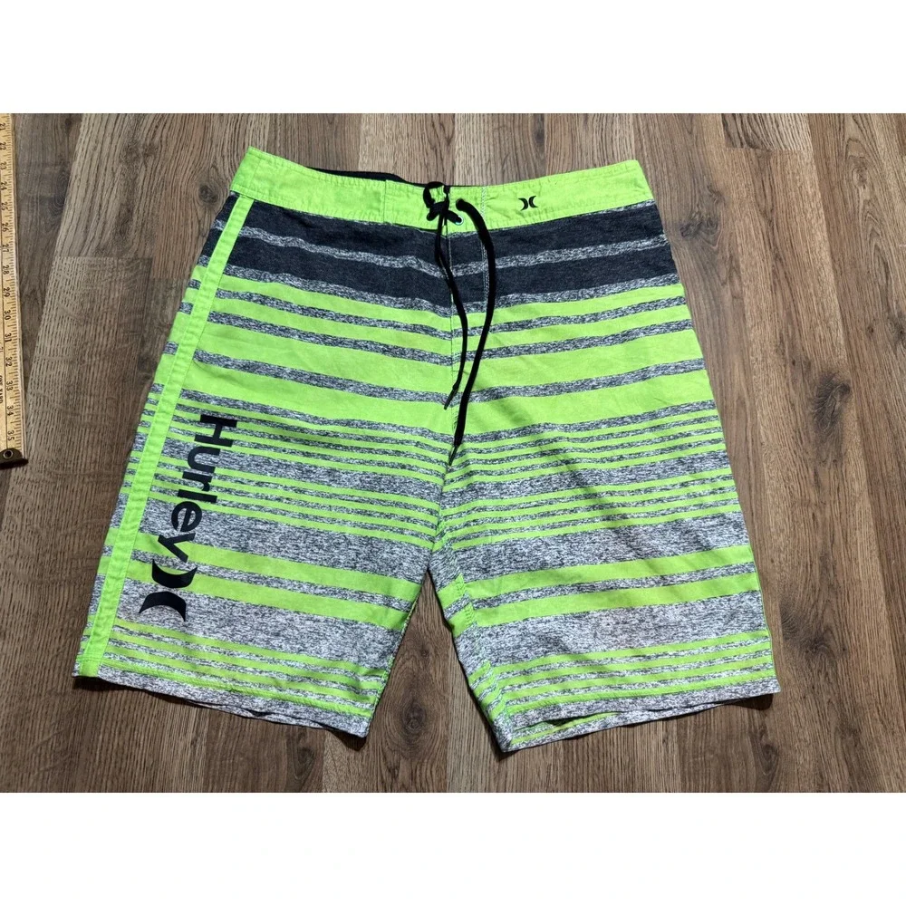 Hurley Shorts Mens Size 33 Lime Green Striped Swim Trunks Buckle Exclusive